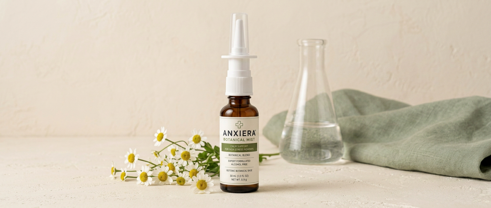 The Anxiera amber mist bottle with fresh chamomile flowers and a clear saline flask.
