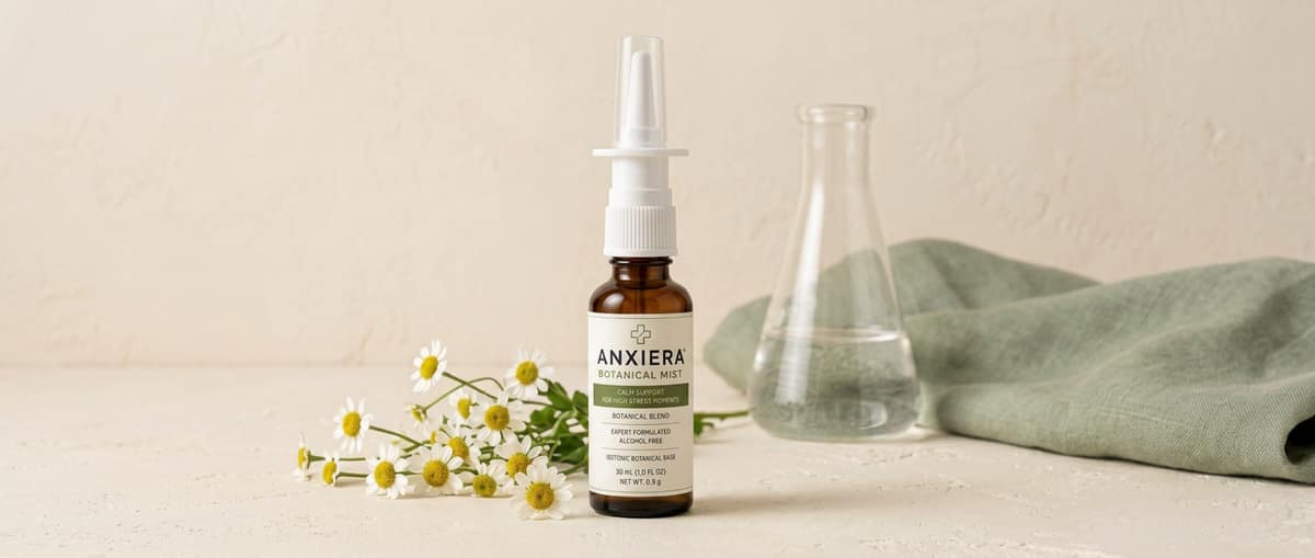 The Anxiera amber mist bottle with fresh chamomile flowers and a clear saline flask.