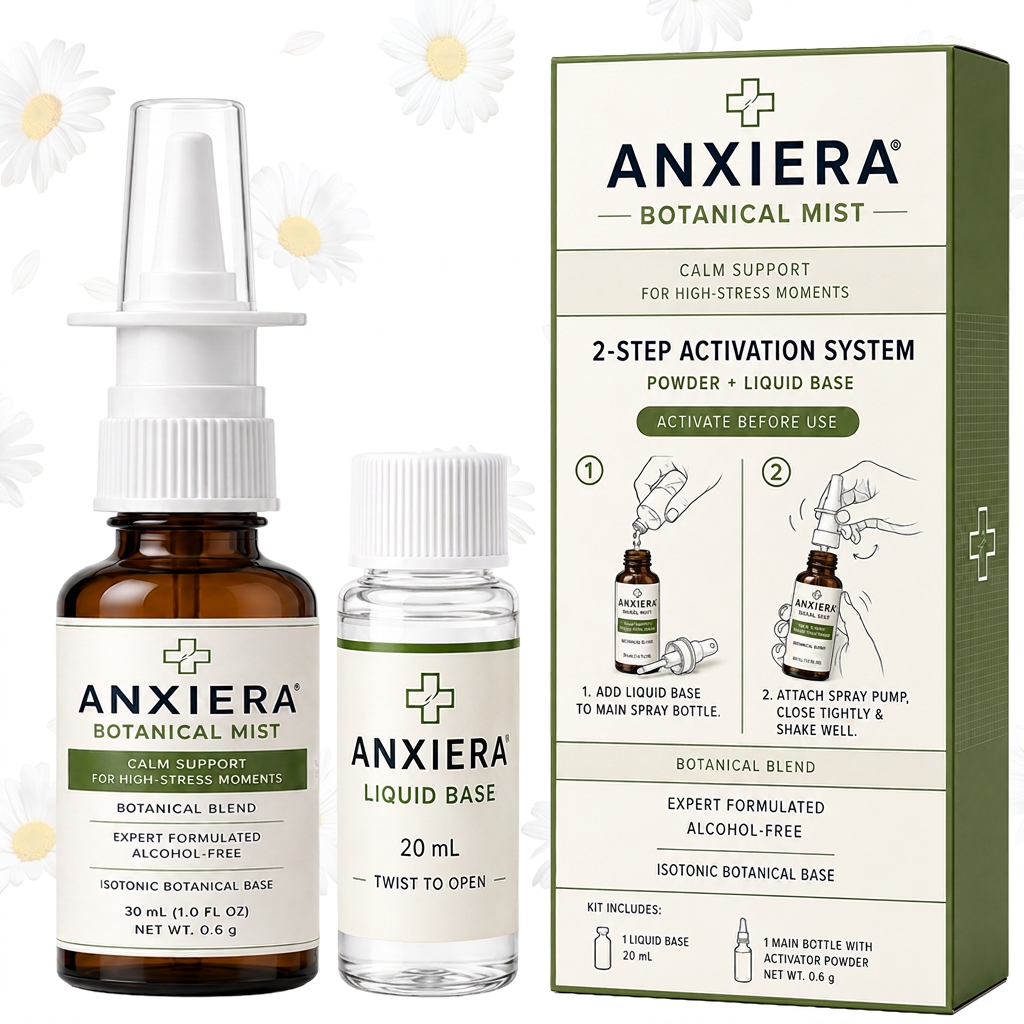 The complete Anxiera Botanical Mist kit: amber mist bottle, 20 ml liquid base and product box.