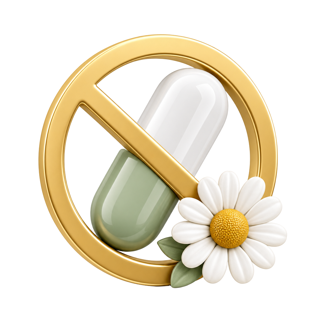 3D capsule with a golden no-sign beside a chamomile daisy