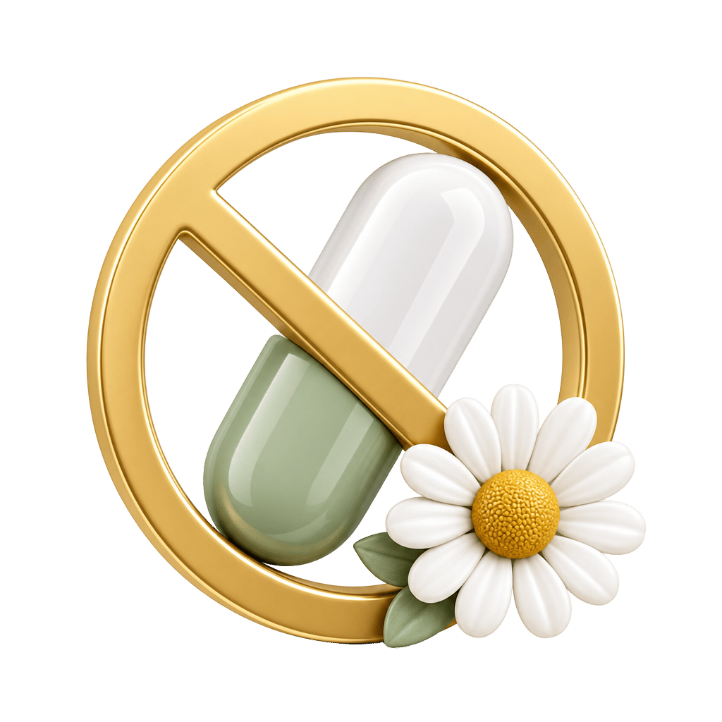 3D capsule with a golden no-sign beside a chamomile daisy