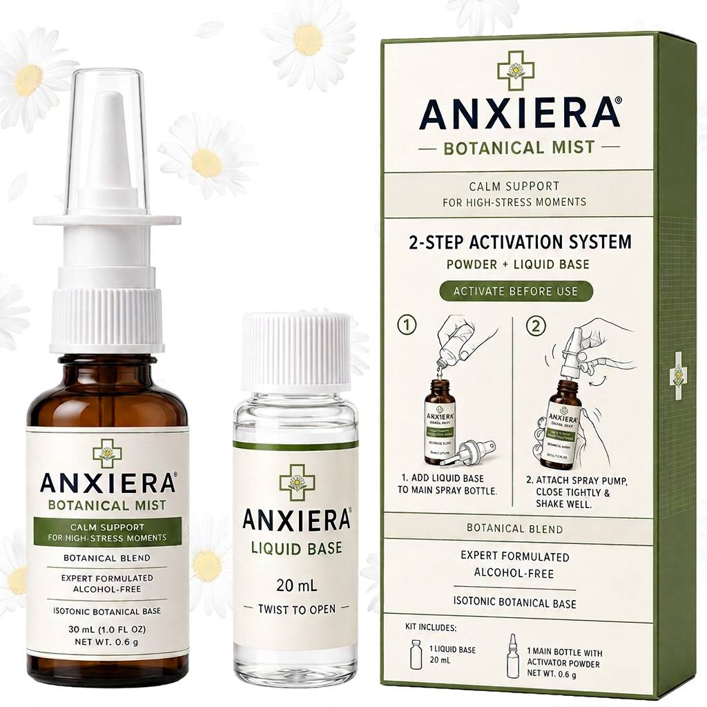 Anxiera Botanical Mist kit: amber spray bottle, 20 mL liquid base and 2-step kit carton