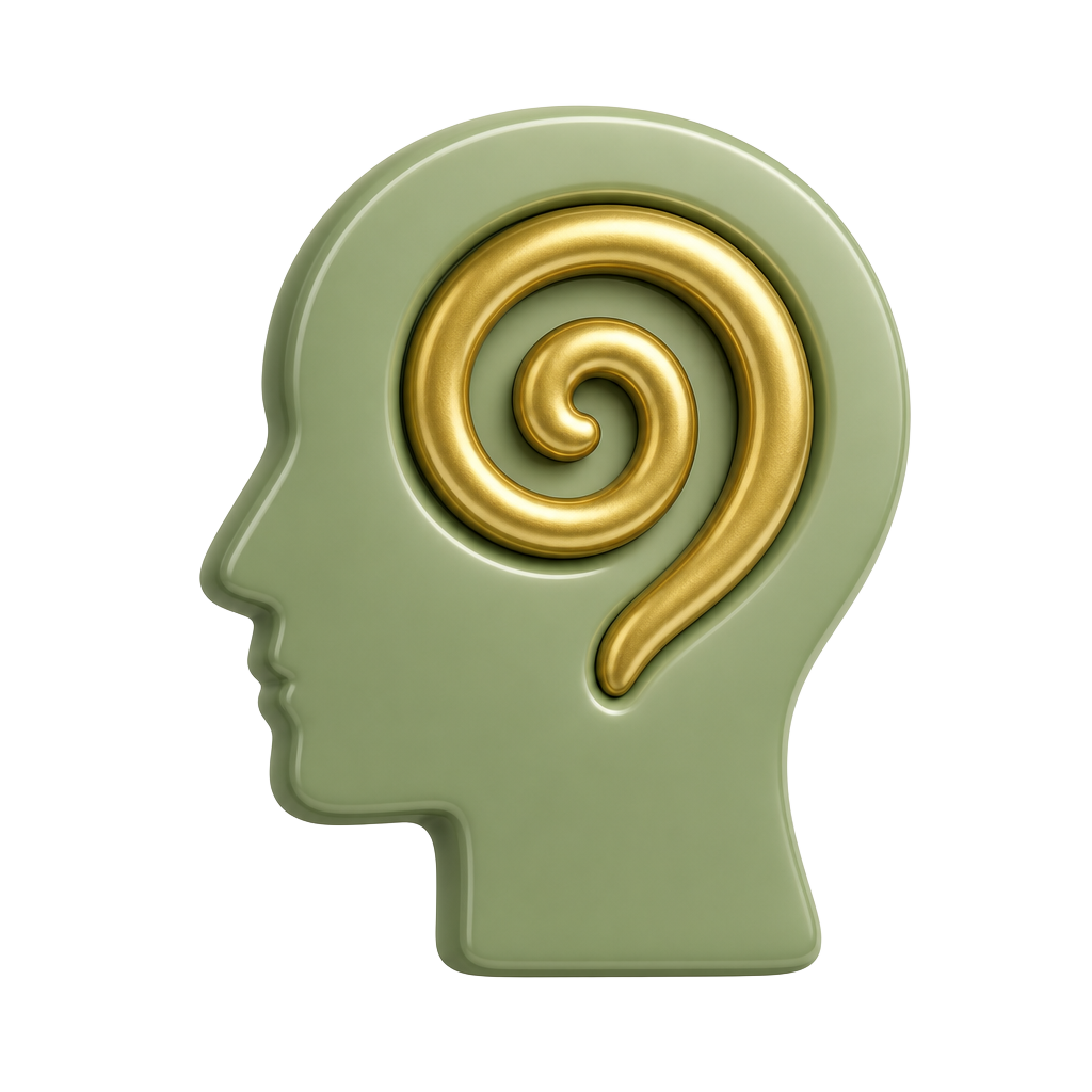 3D sage-green head in profile with a golden spiral inside