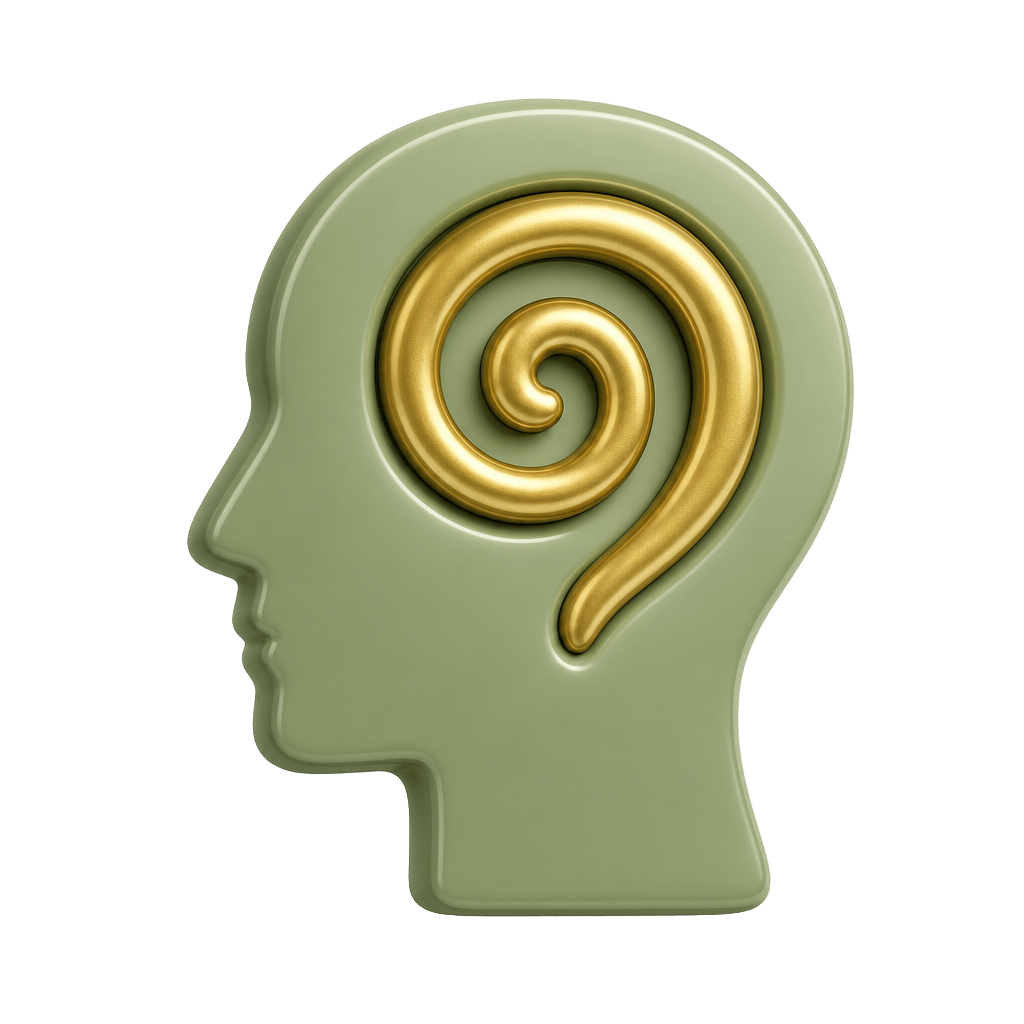 3D sage-green head in profile with a golden spiral inside